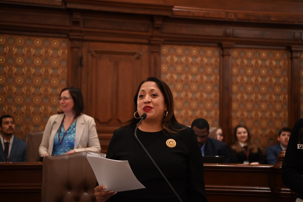 State Senator Celina Villanueva addresses the Illinois Senate.