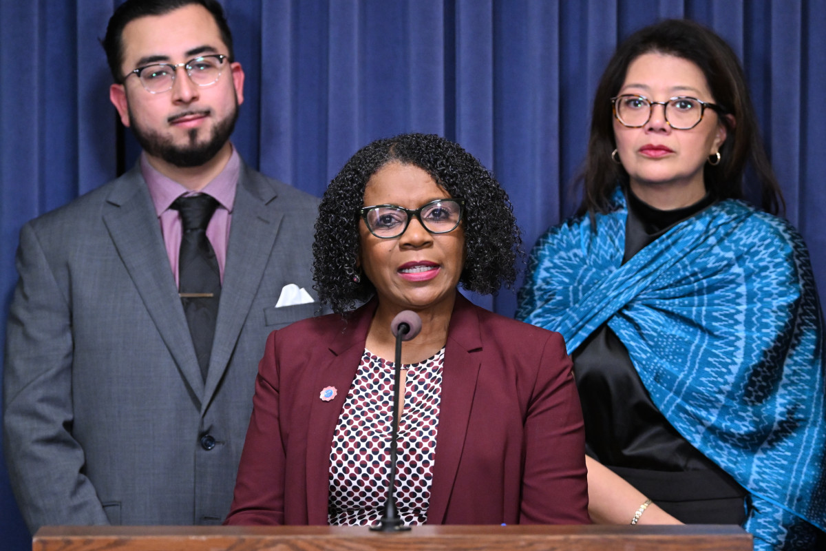 (Photo) Senator Adriane Johnson speaks at a press conference
