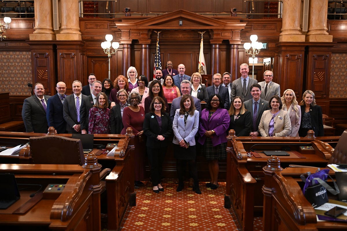 The Illinois Senate Democrats pose together while wearing purple.