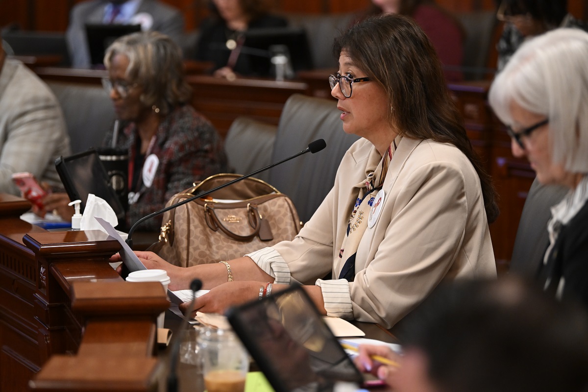 State Senator Karina Villa speaks on the Senate floor