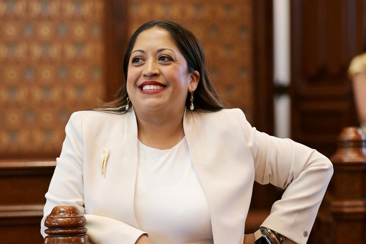 State Senator Celina Villanueva in the Illinois Senate Chamber