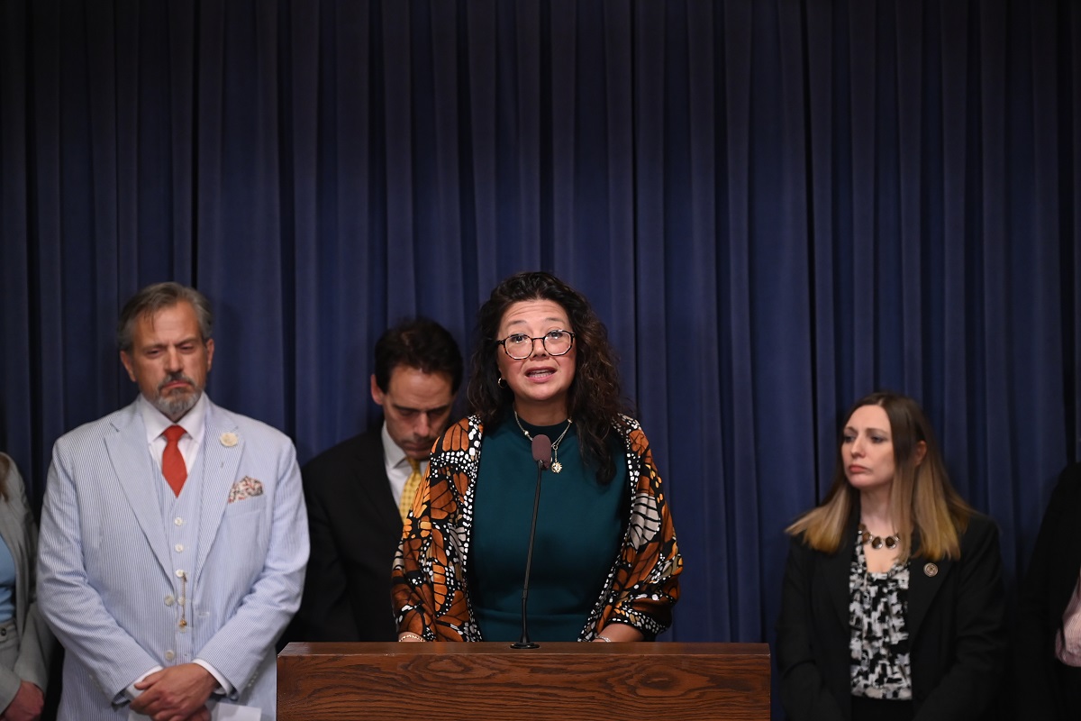 State Senator Karina Villa speaks at a press conference