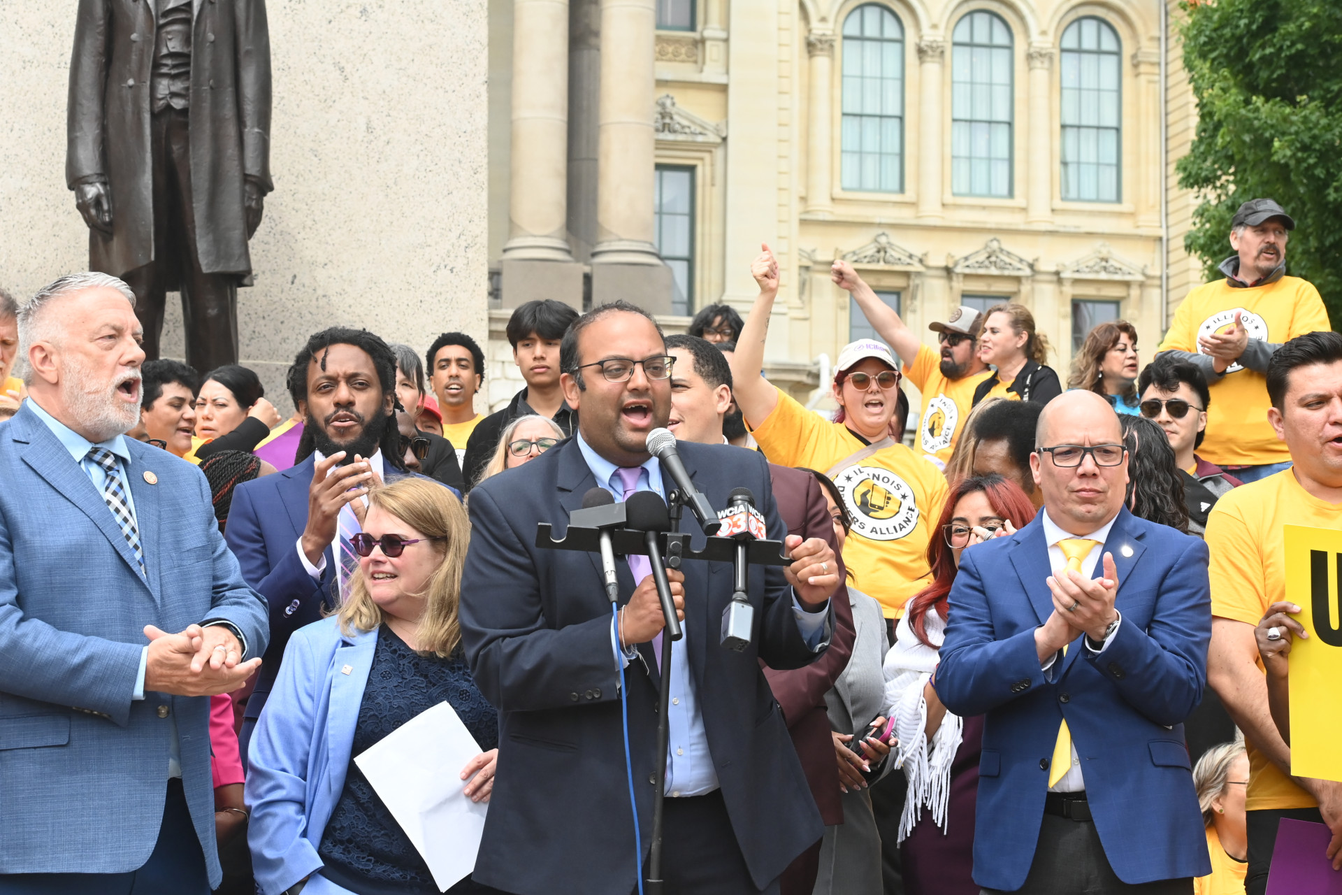 State Senator Ram Villivalam at a rally held by rideshare drivers