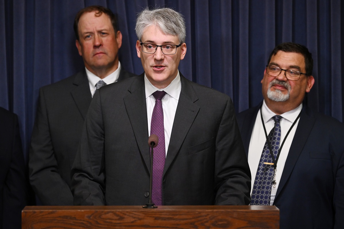 State Senator Mike Halpin speaks at a press conference