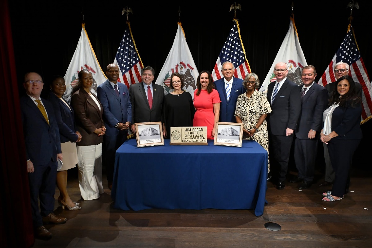 State Senator Doris Turner stands with Senate President Don Harmon and other elected officials at the renaming of the Governor Jim Edgar Executive Office Building