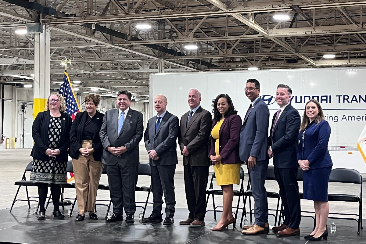 State Senator Rachel Ventura stands with elected officials and Hyundai Translead leaders at a press conference
