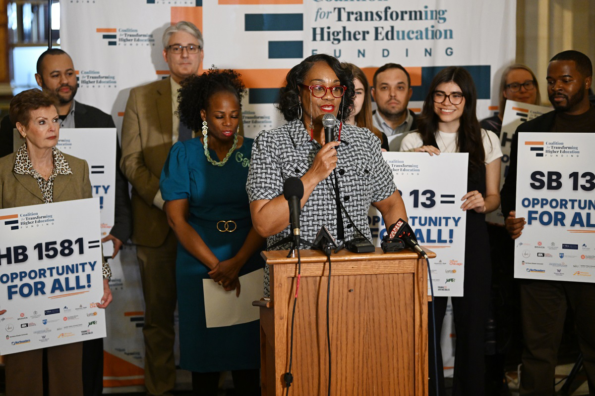 (Photo) Sen. Majority Leader Kimberly A. Lightford speaks at a press conference urging the passage of Senate Bill 13 or House Bill 1581.